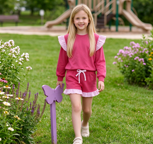 Baby Girls Kids Hot Pink Long Sleeves Tops Pockets Shorts Cotton Set Clothes