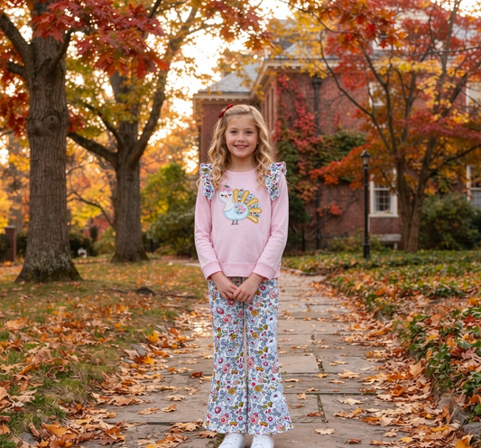 Baby Girls Kids Embroidery turkey Thanksgiving Tops Flower Pants Set Clothes