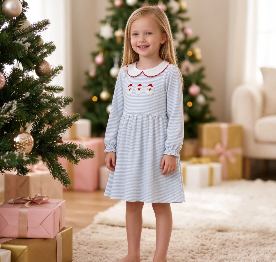 Baby Girls Kids Long Sleeves Embroidery Santa Christmas Blue Stripes Dress Clothes