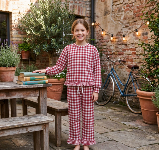 Baby Girls Kids Long Sleeves Red Plaid Shirt Ruffle Pants Set Clothes