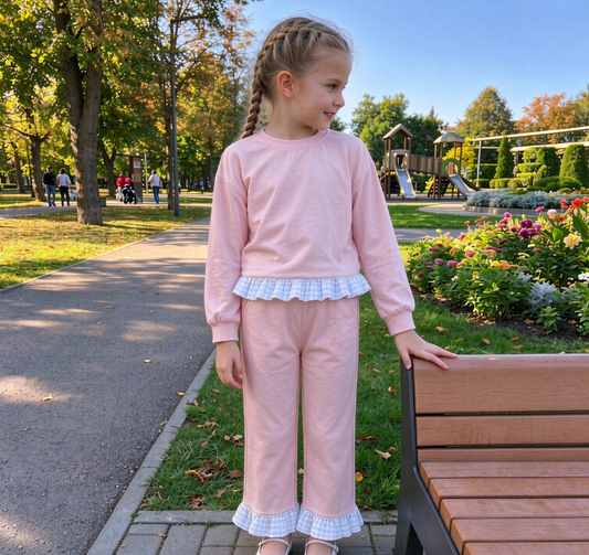 Baby Girls Kids Long Sleeves Ruffle Shirt Pants Light Pink Set Cotton Clothes