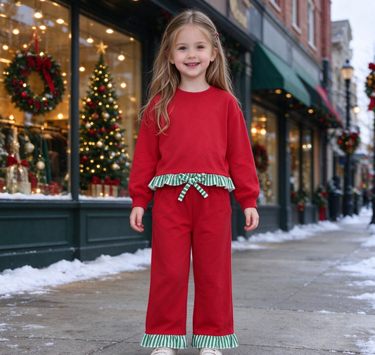 Baby Girls Kids Long Sleeves Ruffle Tops Pockets Pants Cotton Set Red Clothes