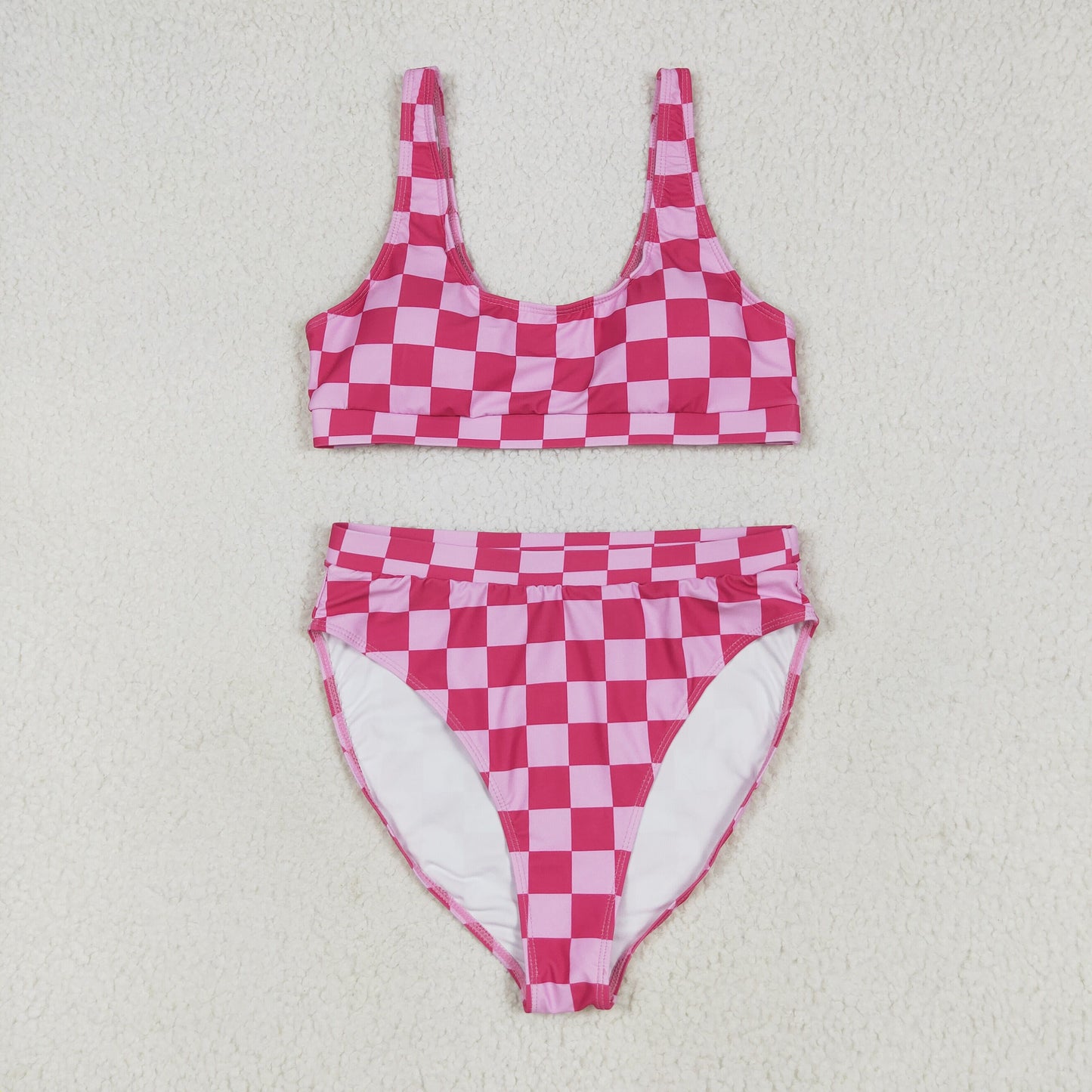 RTS Adult Women Sleeveless Checked Tops Shorts Sibling Summer Swimsuit Sets