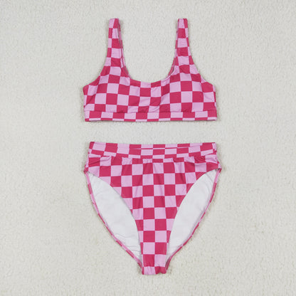 RTS Adult Women Sleeveless Checked Tops Shorts Sibling Summer Swimsuit Sets