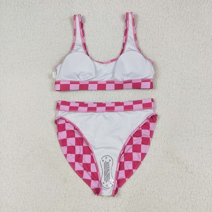 RTS Adult Women Sleeveless Checked Tops Shorts Sibling Summer Swimsuit Sets