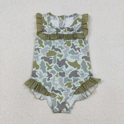 RTS Sibling Baby Girls Kids Short Sleeves Ducks Camo Ruffle One-piece Swimsuits