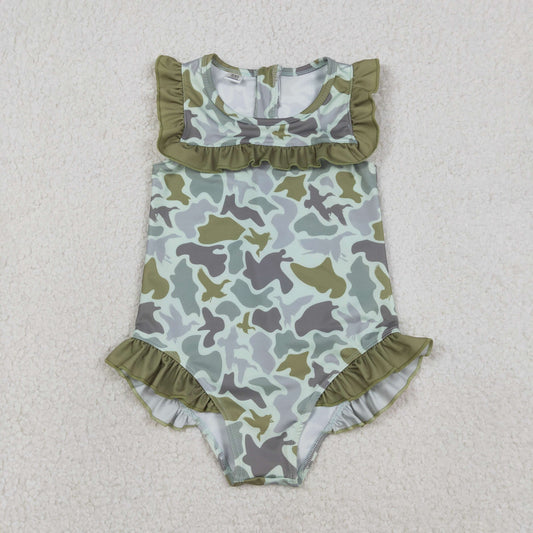 RTS Sibling Baby Girls Kids Short Sleeves Ducks Camo Ruffle One-piece Swimsuits