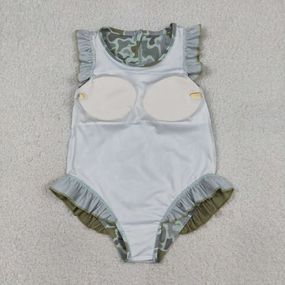 RTS Sibling Baby Girls Kids Short Sleeves Ducks Camo Ruffle One-piece Swimsuits