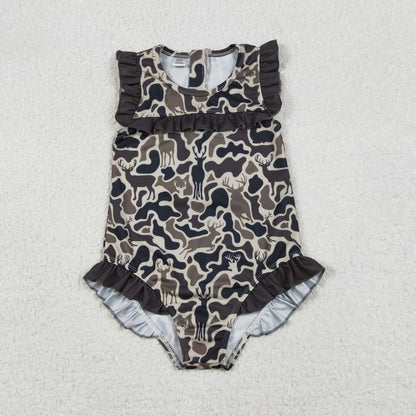 RTS Sibling Baby Girls Kids Short Sleeves Ducks Camo Ruffle One-piece Swimsuits