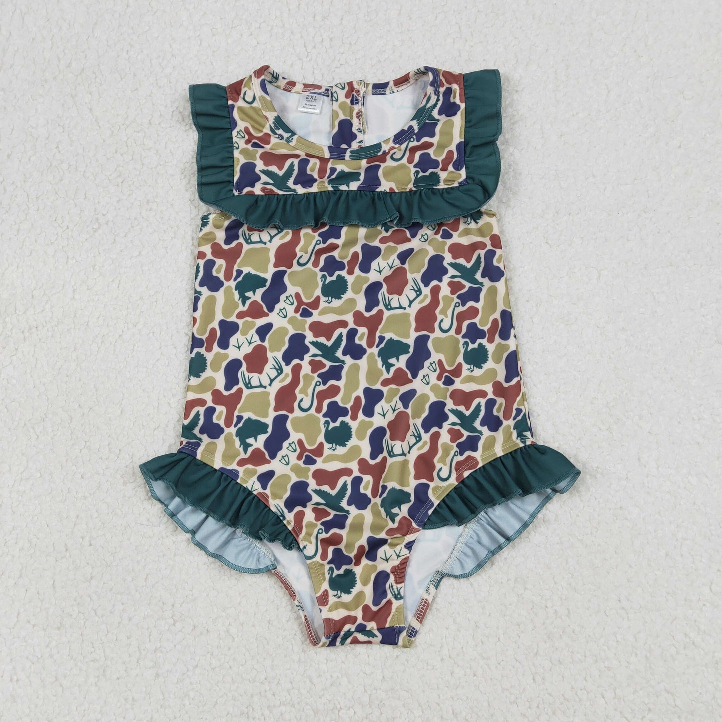 RTS Sibling Baby Girls Kids Short Sleeves Ducks Camo Ruffle One-piece Swimsuits