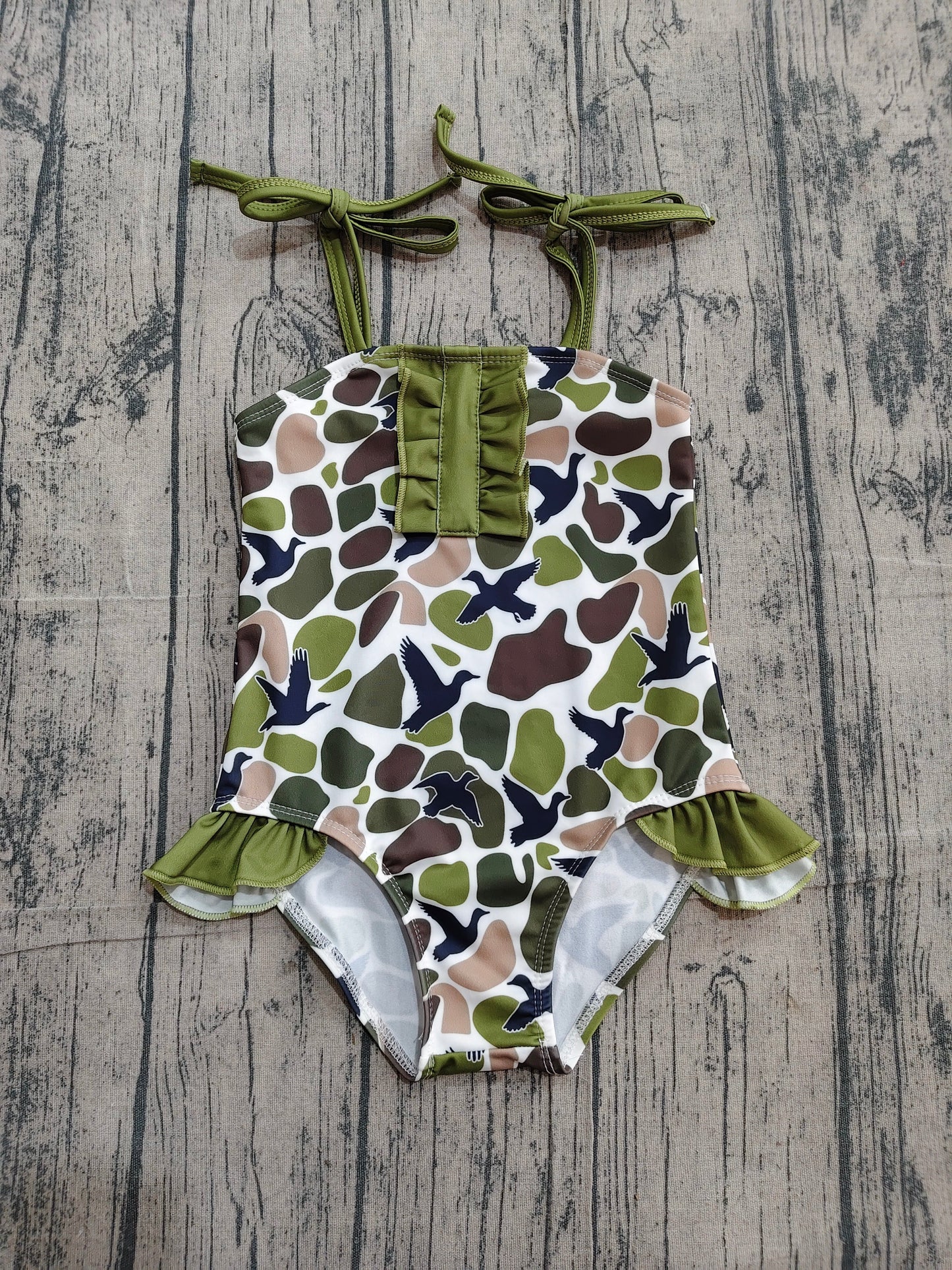 Preorder Baby Girls Kids Stripes Ducks Camo Green Ruffle One-piece Swimsuit Summer Clothes