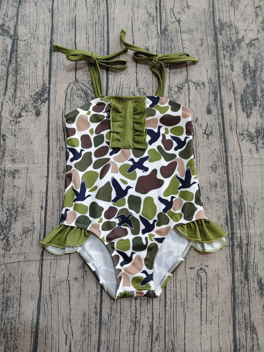 Preorder Baby Girls Kids Stripes Ducks Camo Green Ruffle One-piece Swimsuit Summer Clothes