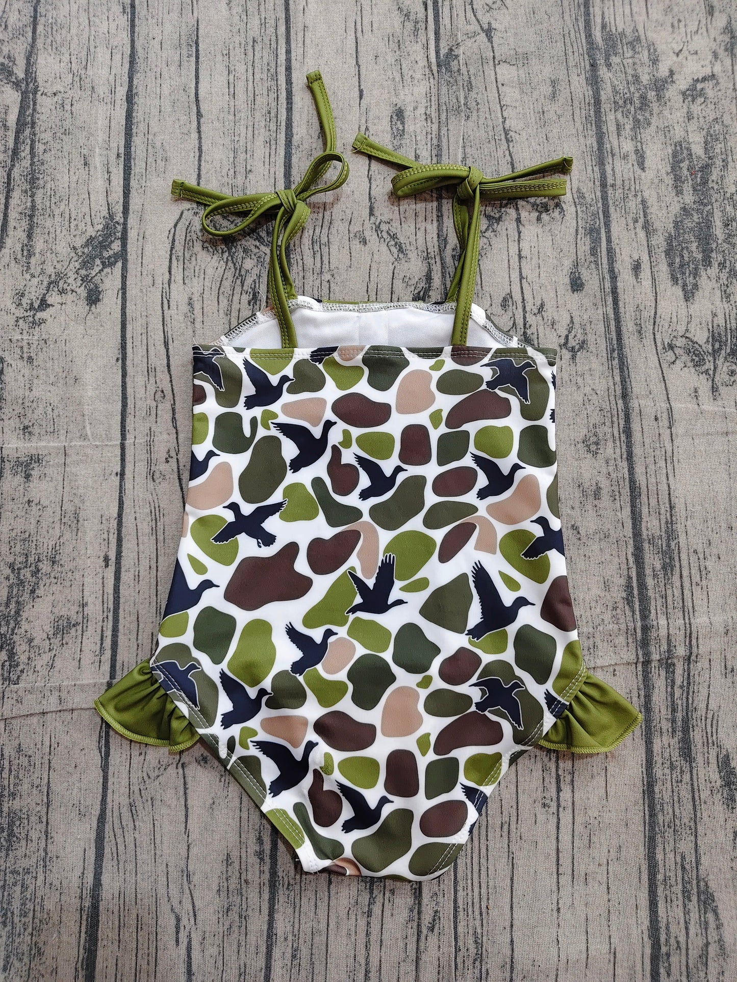 Preorder Baby Girls Kids Stripes Ducks Camo Green Ruffle One-piece Swimsuit Summer Clothes