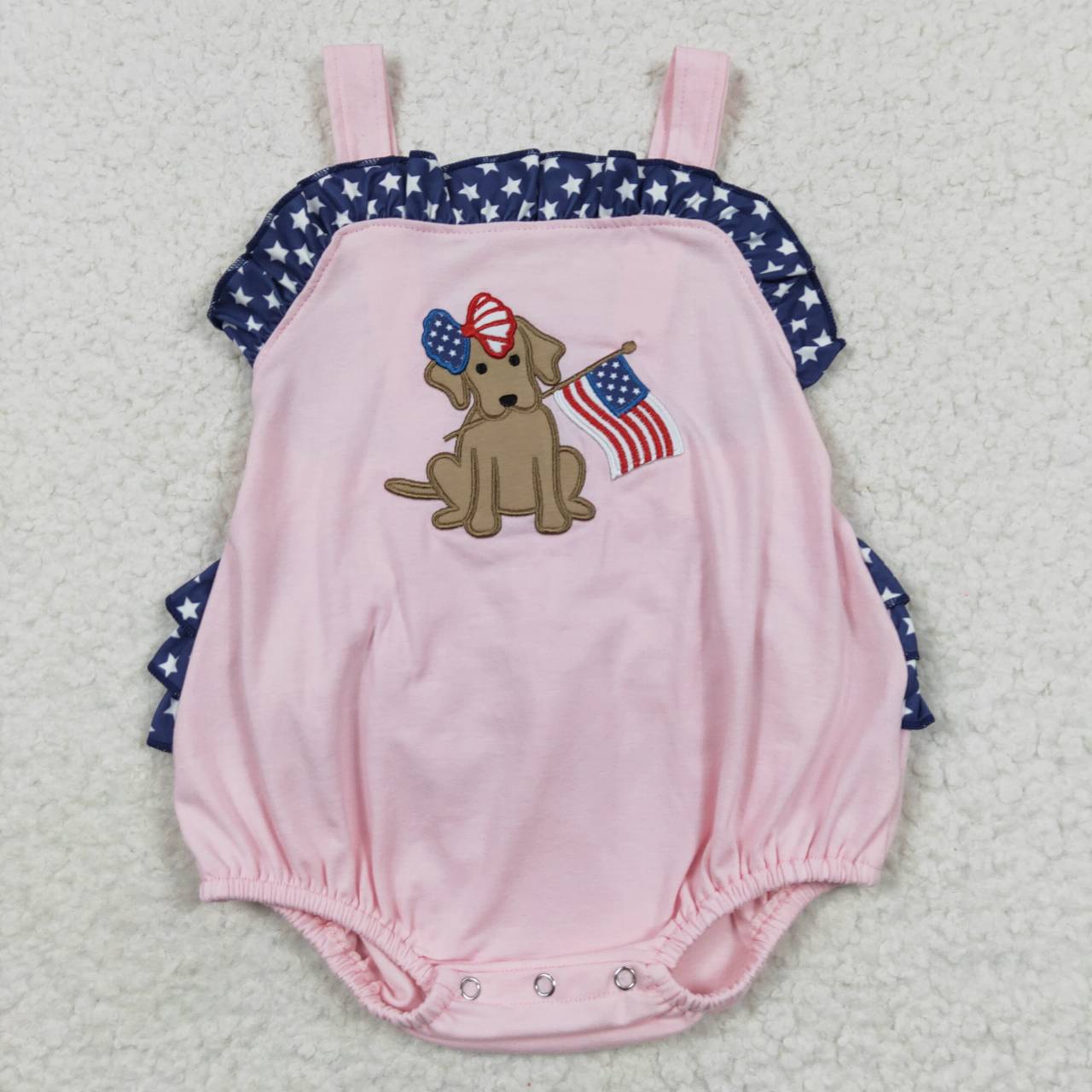 USA Shop Baby Girls Sleeveless Embroidery Dog Flag 4th of July Pink Romper