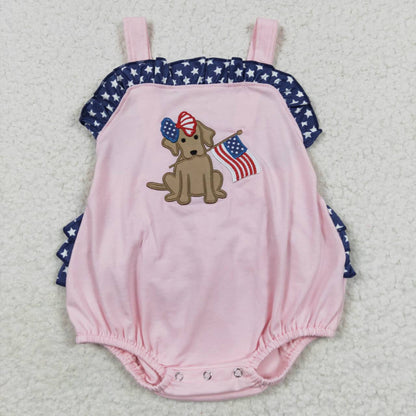 USA Shop Baby Girls Sleeveless Embroidery Dog Flag 4th of July Pink Romper