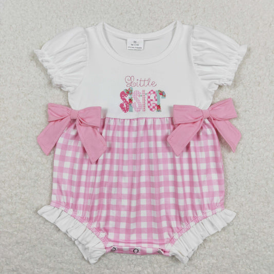 USA Shop Baby Girls Short Sleeves Little Sister Bows Pink Plaid Bubble Romper