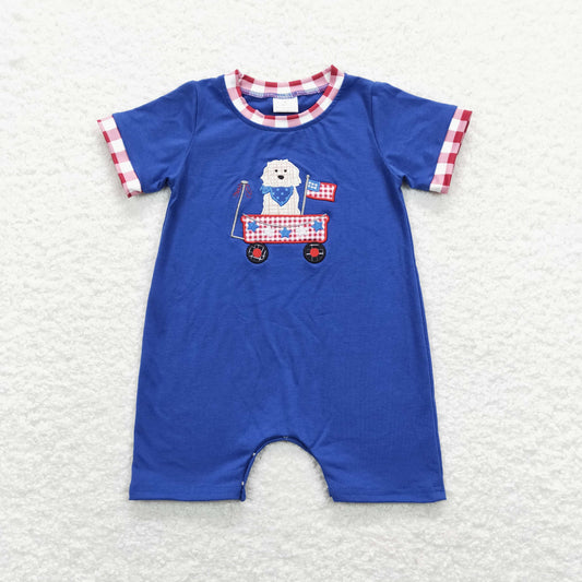 USA Shop Baby Boys Infant Short Sleeves Embroidery Flags Dogs 4th of July Blue Romper