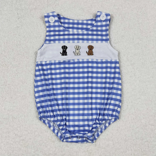 USA Shop Baby Boys Kids Embroidery Dogs Blue Plaid Bubble Romper Summer Clothes