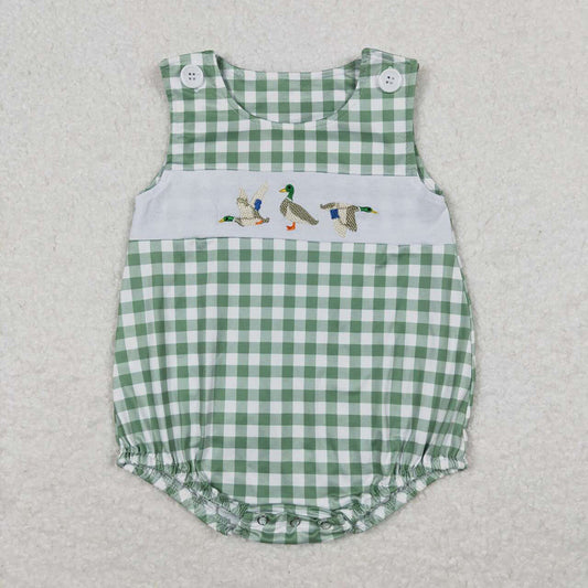 USA Shop Baby Boys Infant Sleeveless Embroidery Ducks Green Plaid Bubble Romper