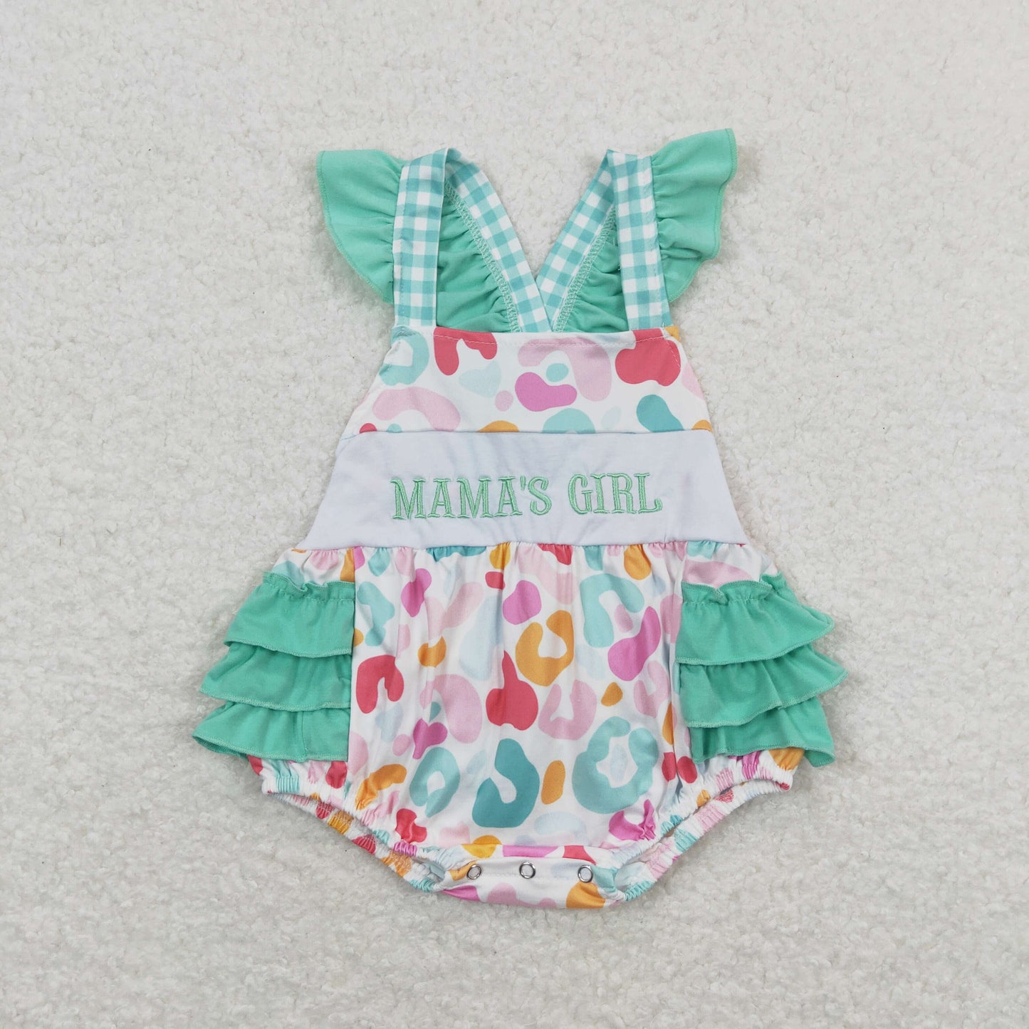 USA Shop Embroidery Mama's Girl Leopard Green Ruffle Romper
