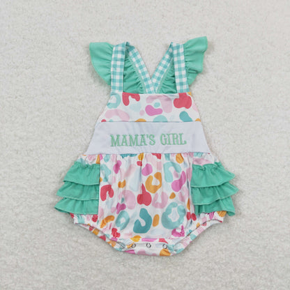 USA Shop Embroidery Mama's Girl Leopard Green Ruffle Romper