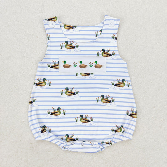 USA Shop Baby Boys Embroidery Ducks Blue Stripes Bubble Romper