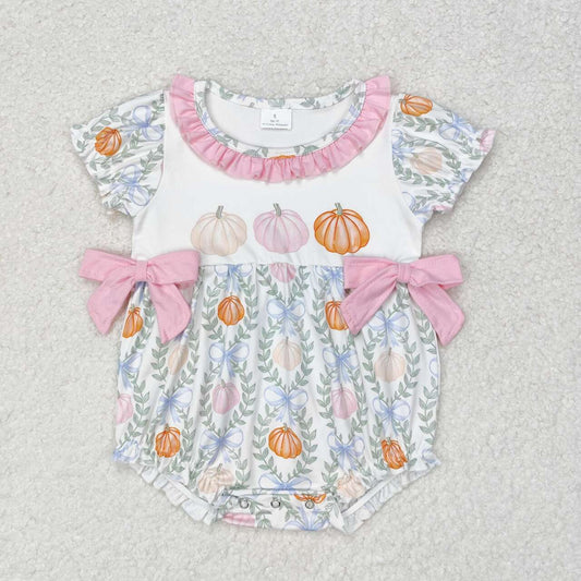 USA Shop Baby Girls Infant Short Sleeves Pumpkin Bows Bubble Romper