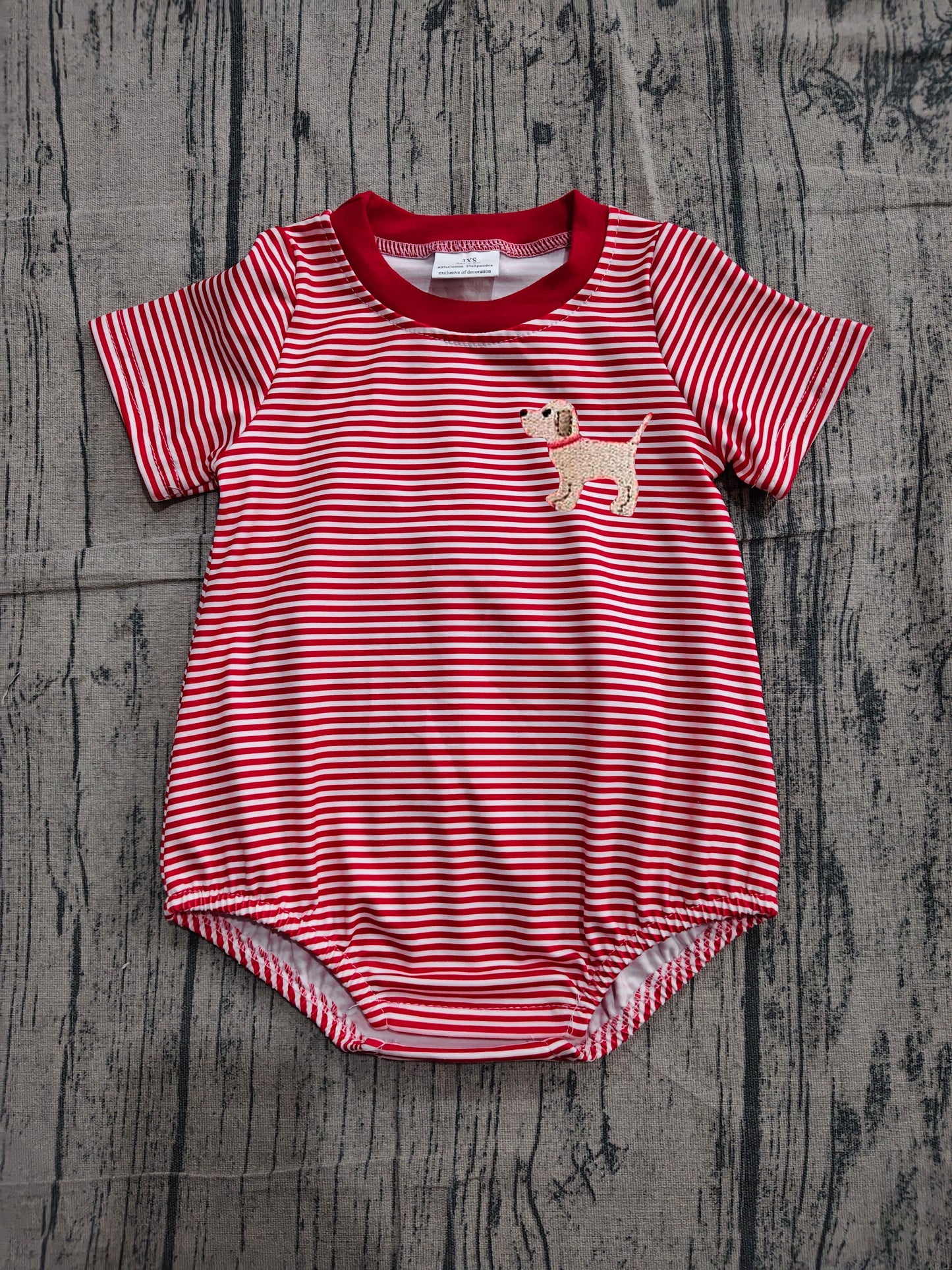 Preorder Baby Boy Infant Short Sleeves Red Stripes Embroidery Dog Bubble Romper