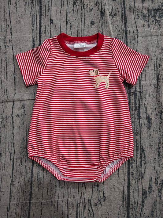 Preorder Baby Boy Infant Short Sleeves Red Stripes Embroidery Dog Bubble Romper