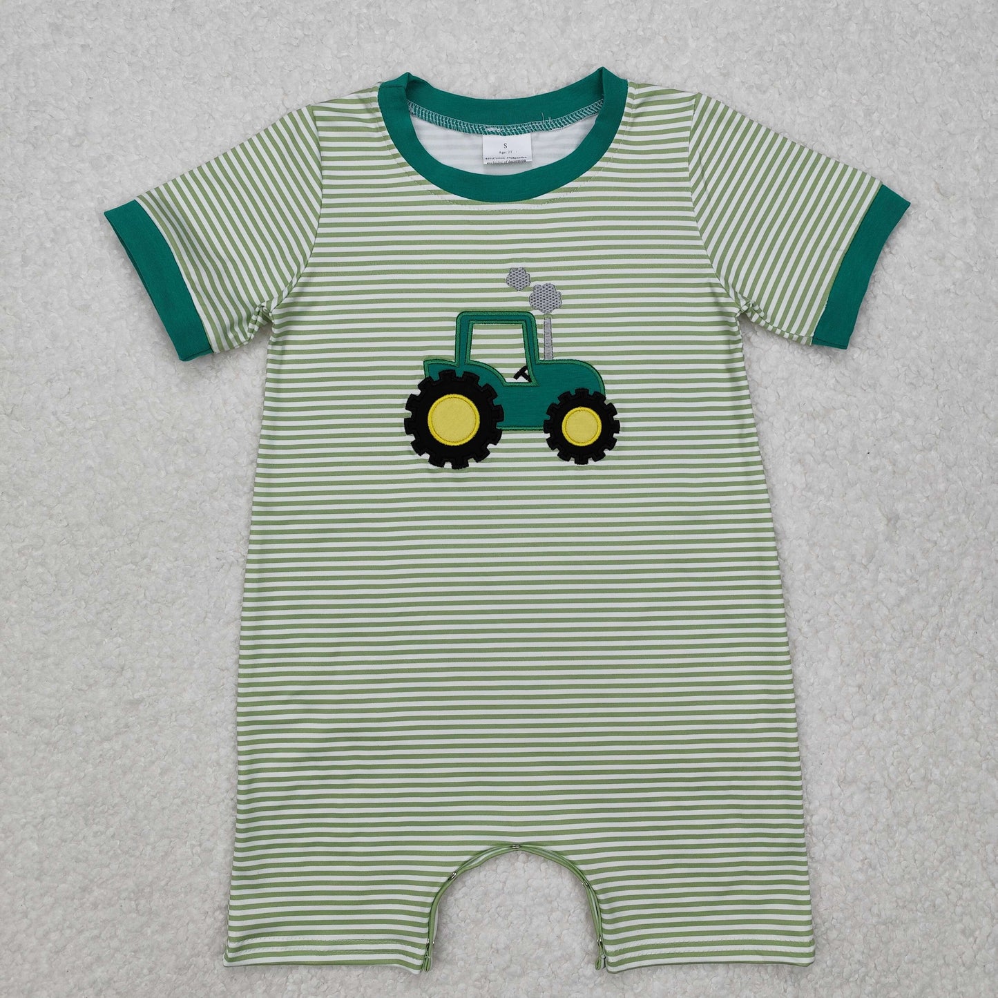 USA Shop Baby Boys Infant Short Sleeves Embroidery Tractor Green Stripes Romper