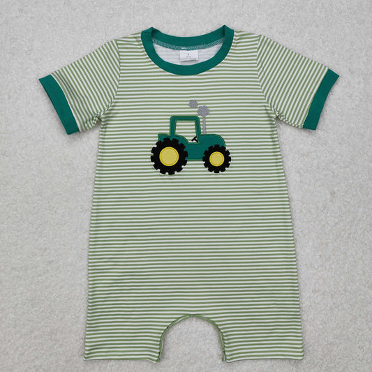USA Shop Baby Boys Infant Short Sleeves Embroidery Tractor Green Stripes Romper