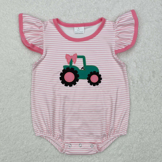 USA Shop Baby Girls Infant Short Sleeves Embroidery Tractor Pink Stripes Romper