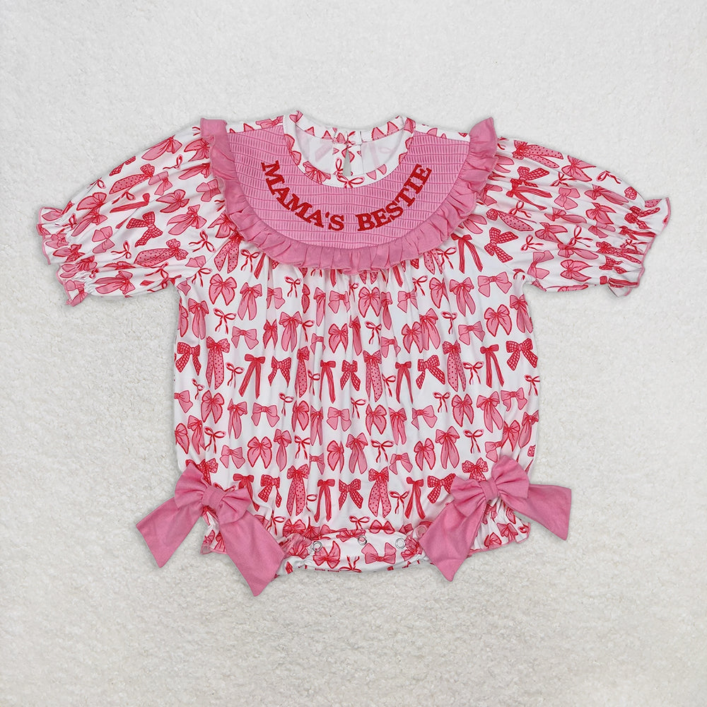 RTS Sibling Baby Girls Kids Embroidery Mama's Bestie Camo Bows Bubble Rompers