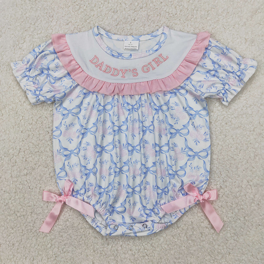 Sibling Baby Girls Kids Short Sleeves Embroidery Daddy's Girl Bubble Rompers Clothes