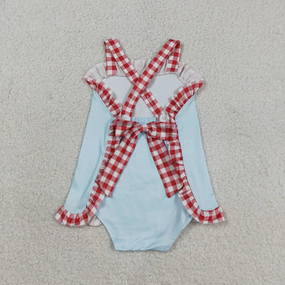 Sibling Baby Boys Girls Blue Tops Red Plaid Shorts Clothes Rompers Sets RTS