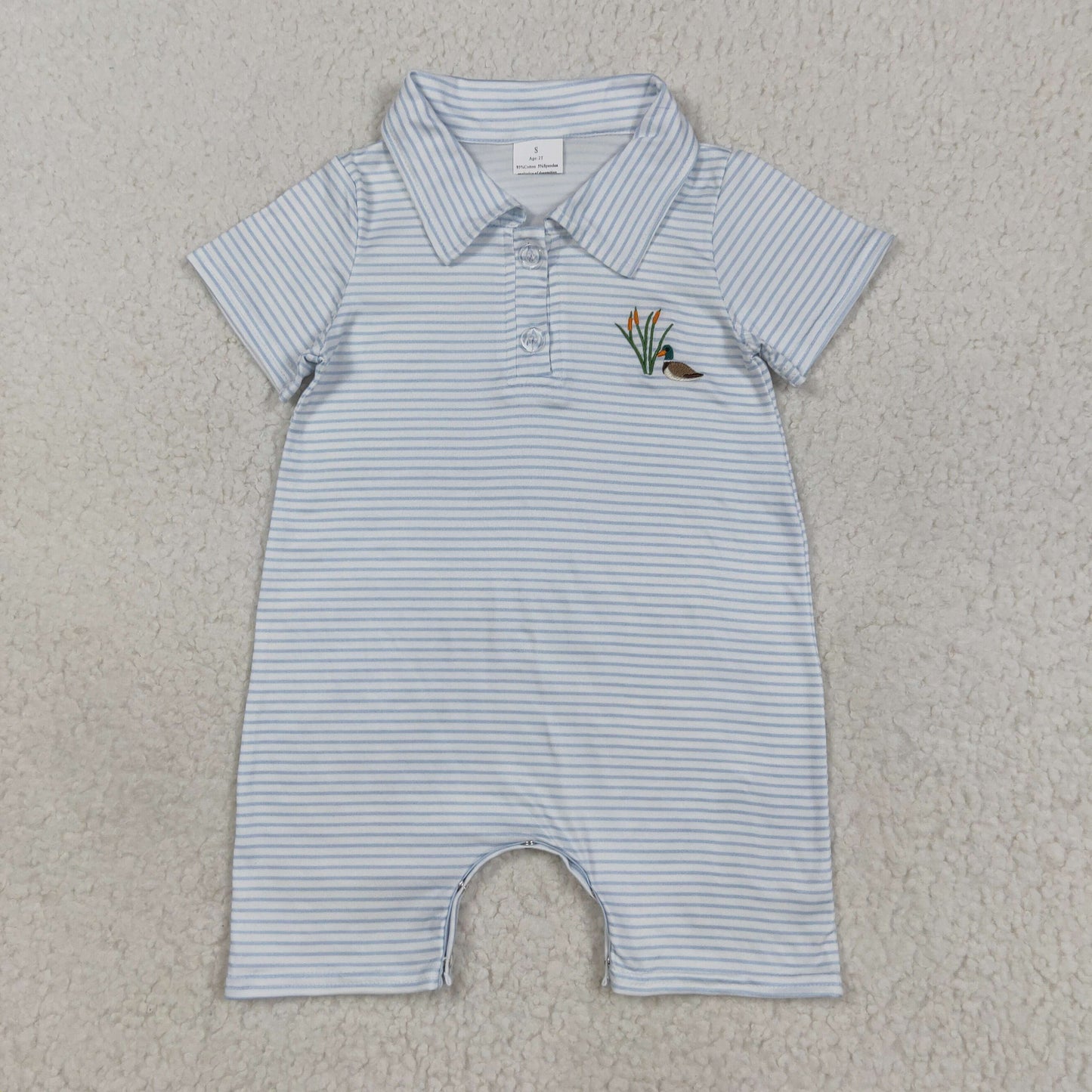 USA Shop Baby Boys Short Sleeves Embroidery Ducks Blue Stripes Buttons Romper