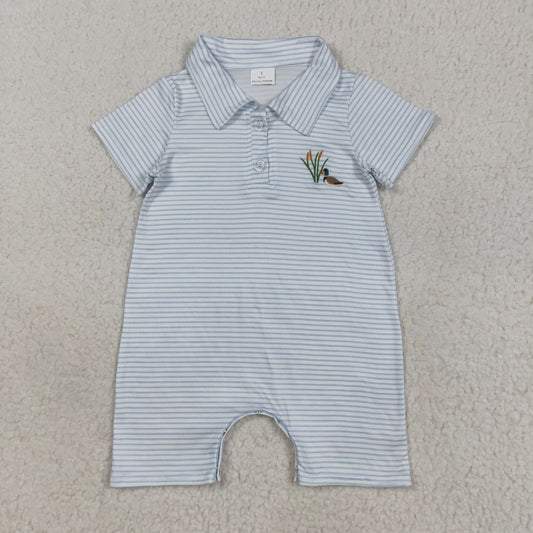 USA Shop Baby Boys Short Sleeves Embroidery Ducks Blue Stripes Buttons Romper