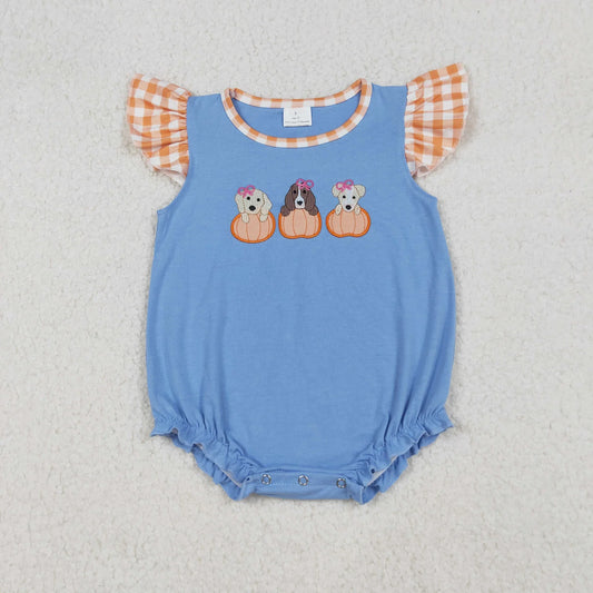 USA Shop Baby Girls Short Sleeves Embroidery Dogs Pumpkins Fall Bubble Romper
