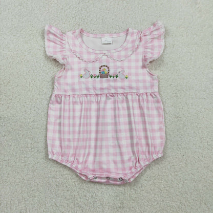 RTS Sibling Baby Girls Kids Short Sleeves Embroidery Rabbits Eggs Easter Pink Plaid Romper Dress