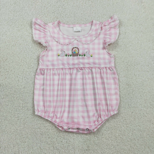 RTS Sibling Baby Girls Kids Short Sleeves Embroidery Rabbits Eggs Easter Pink Plaid Romper Dress