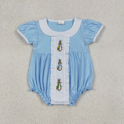 RTS Sibling Baby Girls Short Sleeves Embroidery Rabbits Easter Ruffle Blue Bubble Romper Dress