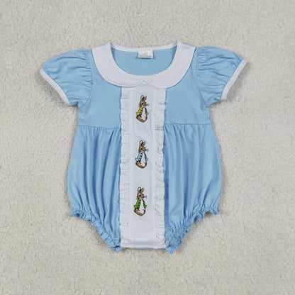 RTS Sibling Baby Boys Girls Embroidery Rabbits Blue Rompers Sets Easter Clothes