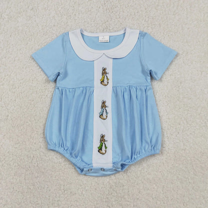 RTS Sibling Baby Boys Girls Embroidery Rabbits Blue Rompers Sets Easter Clothes