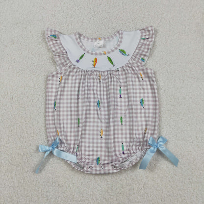 Sibling Baby Boys Short Kids Sleeves Embroidery Fishing Plaid Romper Set
