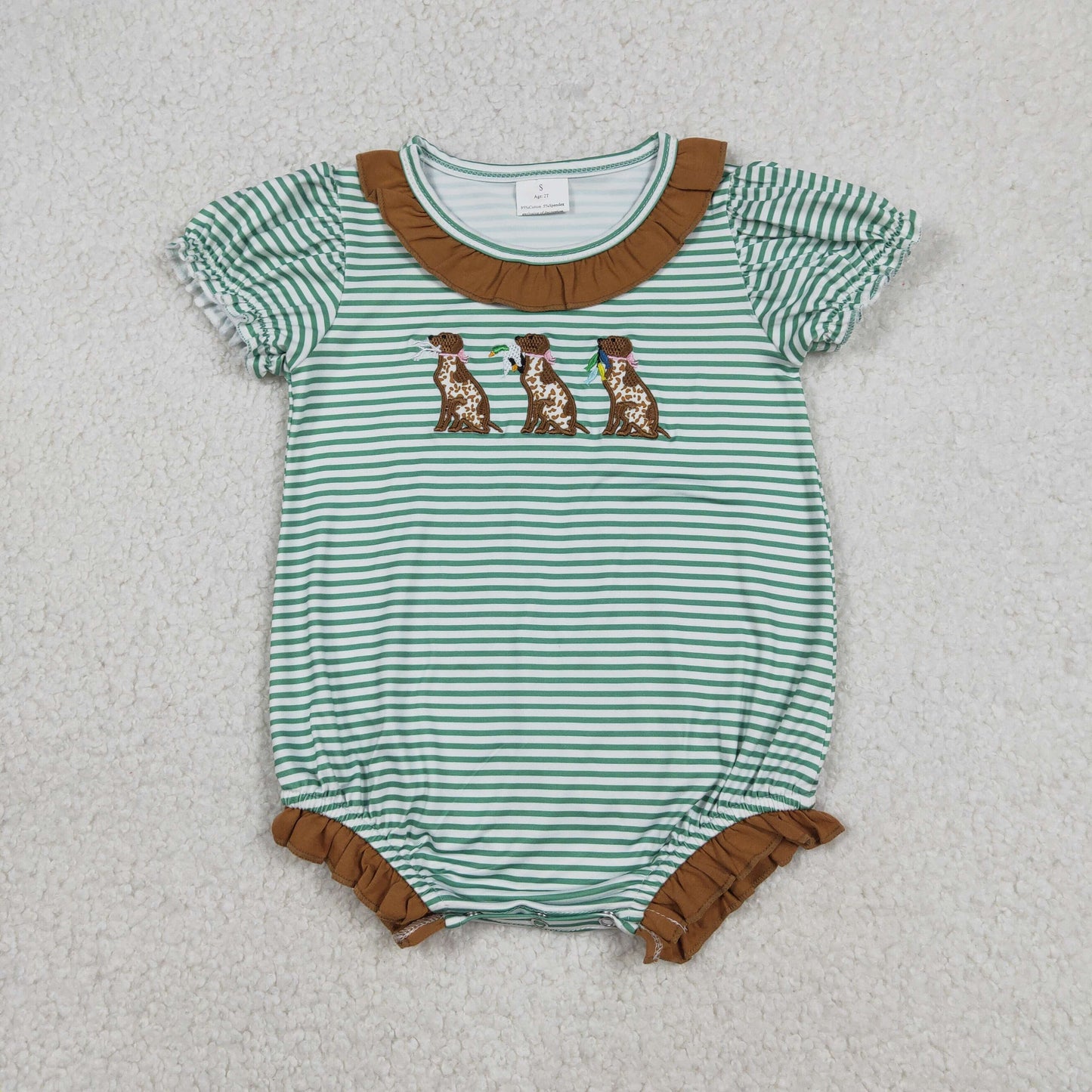 Sibling Baby Girls Kids Short Sleeves Embroidery Dogs Ducks Green Stripes Hunting Romper Set