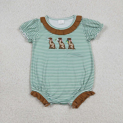 Sibling Baby Girls Kids Short Sleeves Embroidery Dogs Ducks Green Stripes Hunting Romper Set