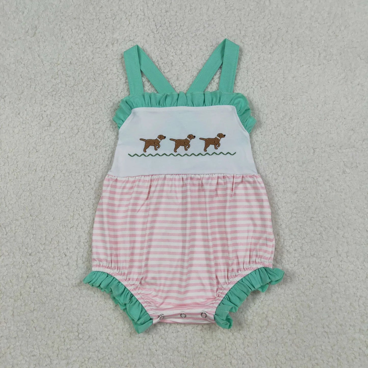 RTS Sibling Baby Boys Girls Embroidery Dogs Green Rompers Dress Set Clothes