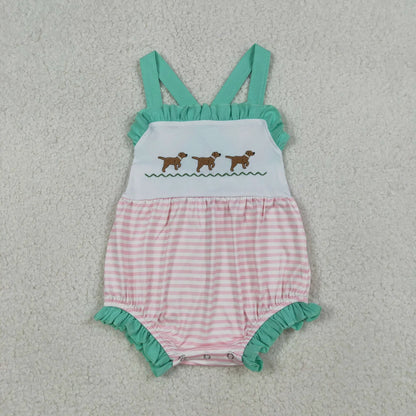 RTS Sibling Baby Boys Girls Embroidery Dogs Green Rompers Dress Set Clothes