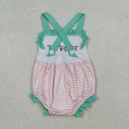 RTS Sibling Baby Boys Girls Embroidery Dogs Green Rompers Dress Set Clothes
