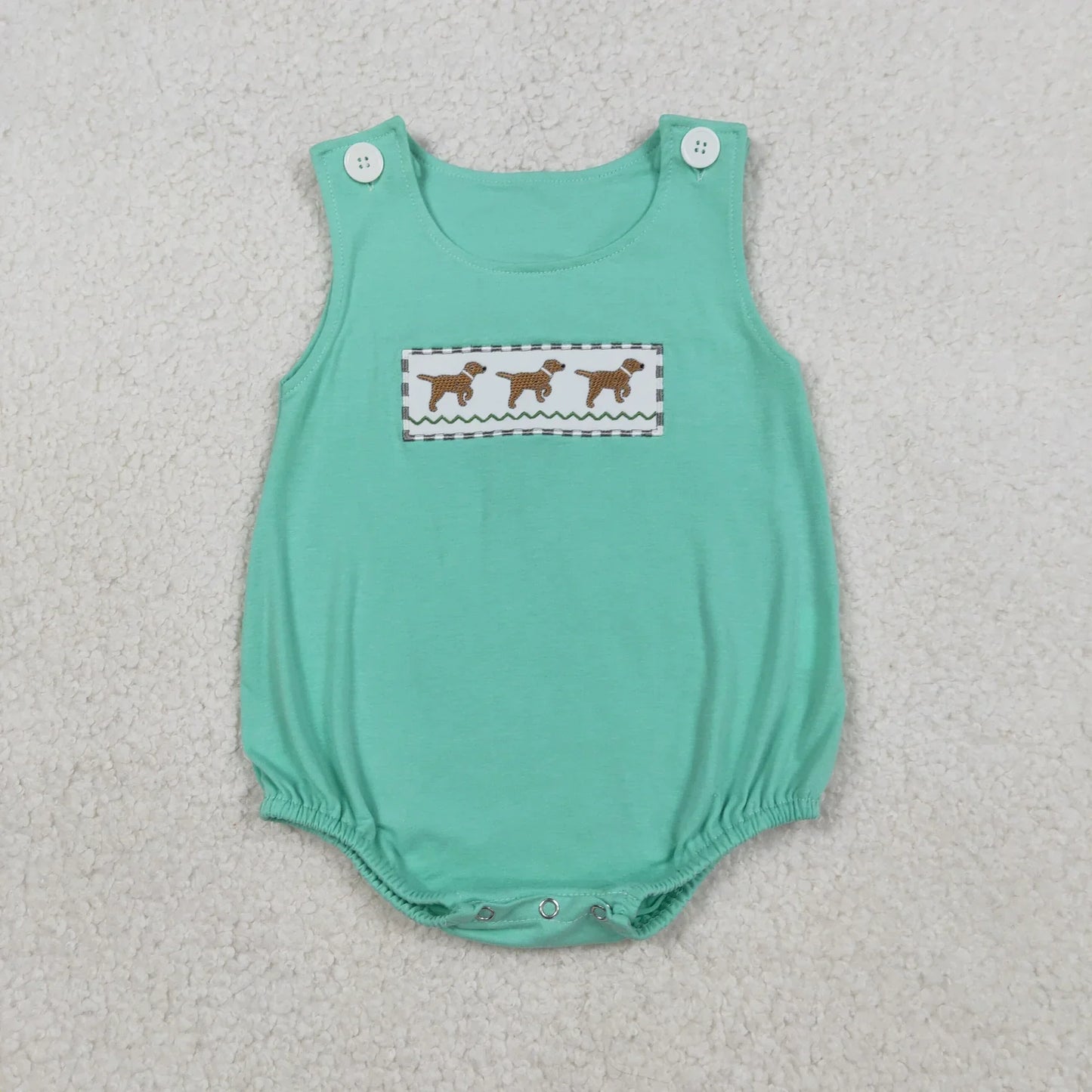 RTS Sibling Baby Boys Girls Embroidery Dogs Green Rompers Dress Set Clothes